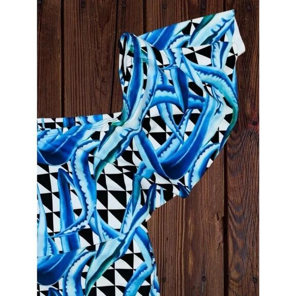 Unbranded Women’s Medium Blue White Geometric Print Off-Shoulder Ruffle Swimsuit - Picture 7 of 14